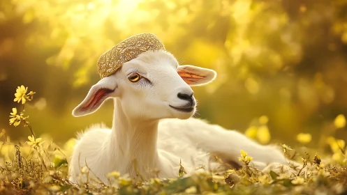 White goat wearing ornate cap in soft golden meadow light.