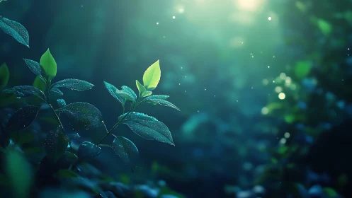 Dew-Laden Foliage Against Ethereal Bokeh Landscape.