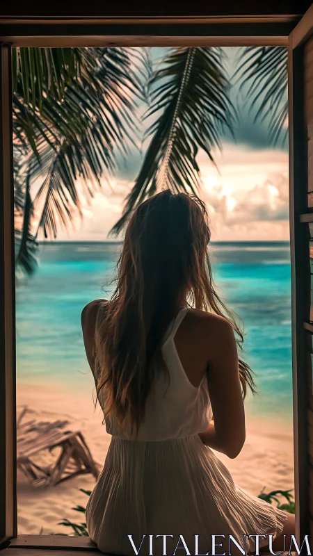 Woman viewed from behind at tropical beach window frame.