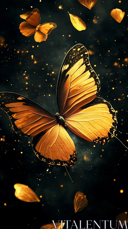 Orange butterfly fills vertical frame against dark blurred sky