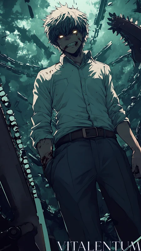 Demonic anime warrior stands amid chainsaw chaos sky.