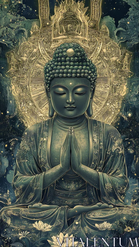 Celestial Buddha in luminous teal and gold serenity.