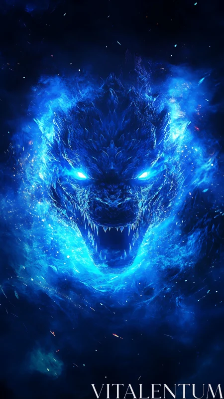 Luminescent blue dragon head emerging from dark void.