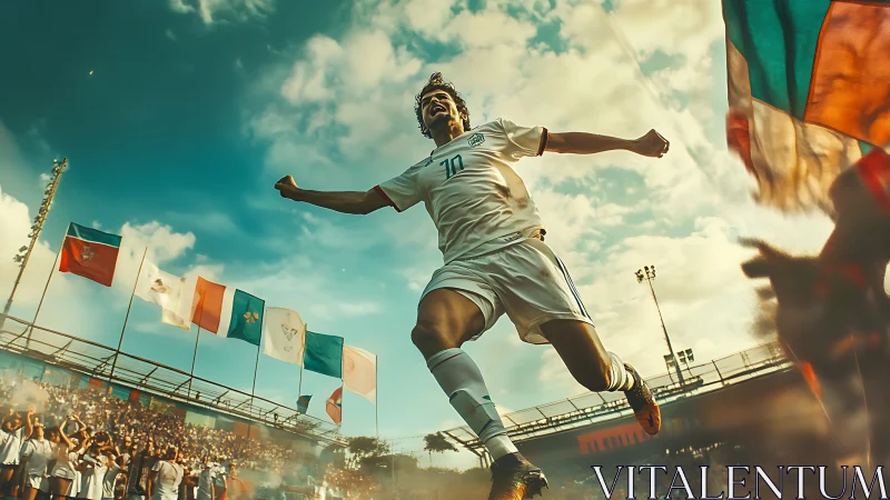 Soccer player mid-air in stadium environment during match.