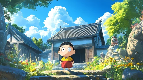 Sunlit temple garden welcomes a wide eyed little explorer