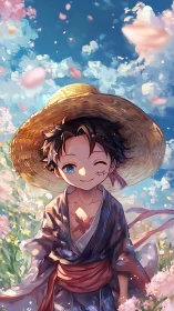 Smiling anime boy in straw hat under drifting blossoms.