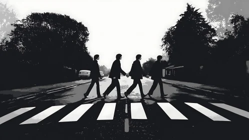 Silhouetted quartet strides across bold urban crosswalk