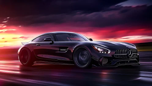 Mercedes performance coupe racing under neon sunset sky.