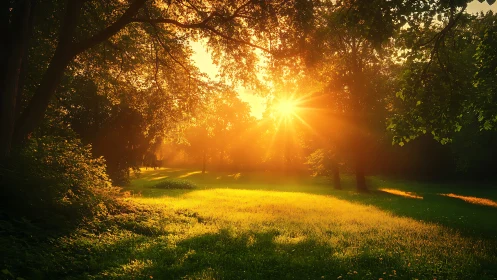Serene Sunlit Forest Glade at Sunrise in Naturalistic Style.