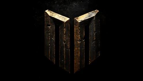 Weathered metallic monolith logo renders in dramatic chiaroscuro
