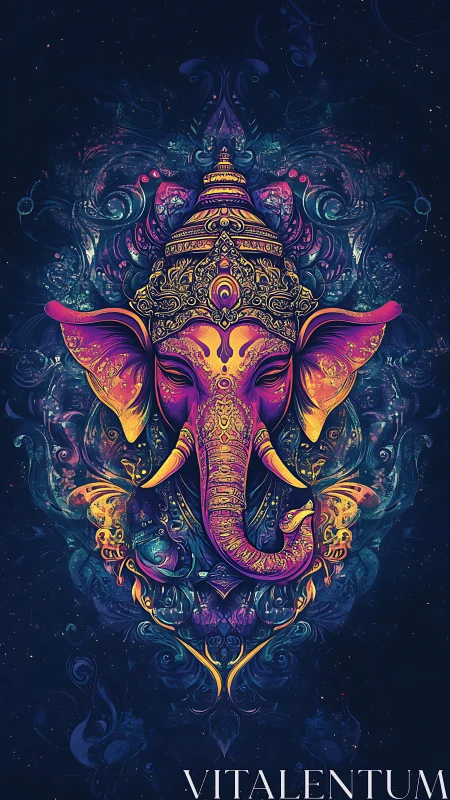 Vibrant ornate elephant deity in cosmic mandala frame.