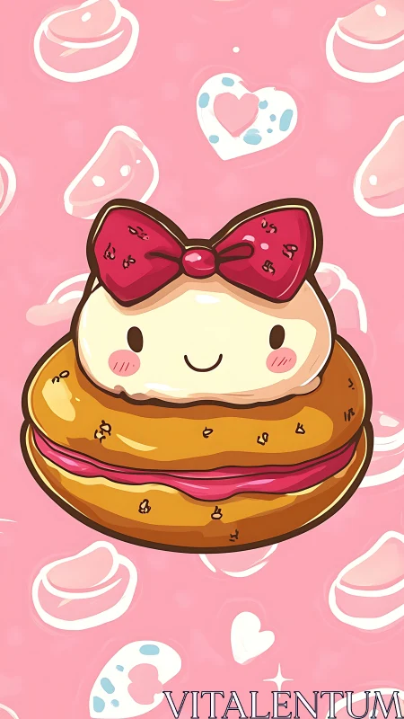 Cheerful Kawaii Donut Character with Crimson Bow on Pink Patterned Background