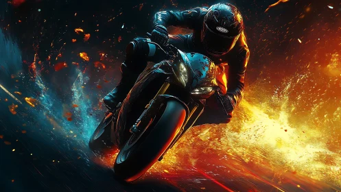 Motorcycle racer cuts through fire and sparks at full speed