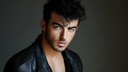 Moody male portrait with leather jacket and dark backdrop.