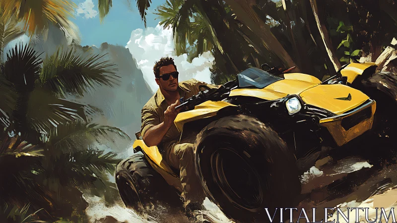 Desert rogue in a yellow dune buggy storms the jungle trail.