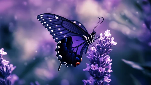 Midnight butterfly resting softly in a violet dream garden.