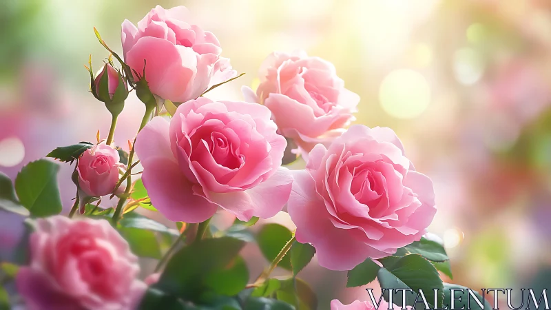 Blooming Pink Roses Dance in Golden Sunlight