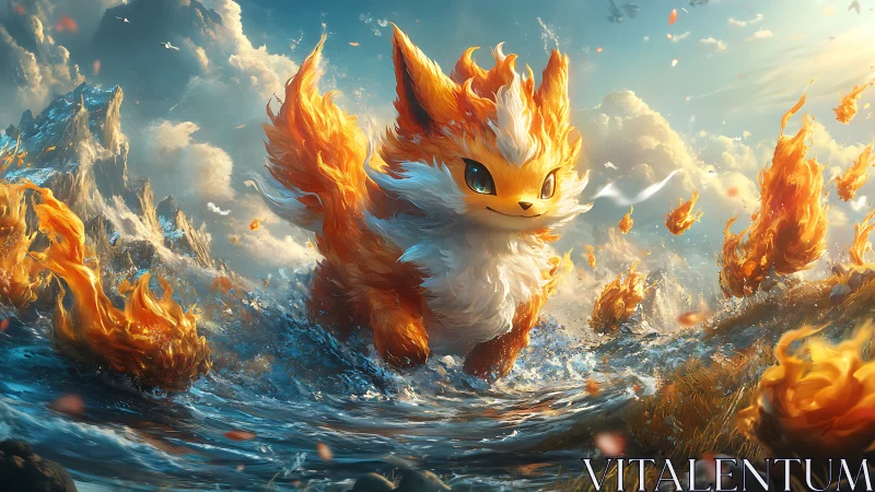 Elemental fox creature with fiery fur crossing turbulent surf