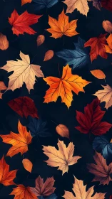 Colorful autumn maple leaves scattered on dark background.
