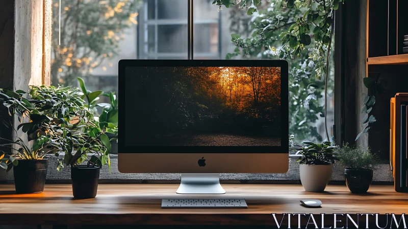 Sunlit forest desktop sanctuary framed by tranquil houseplants.