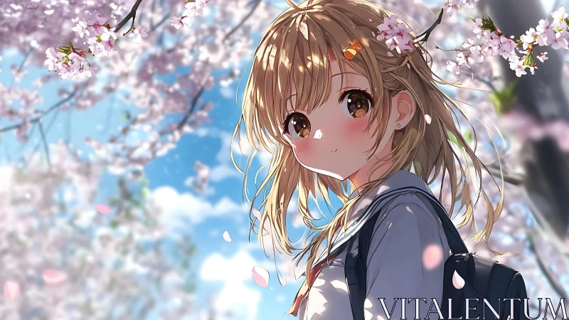 Girl in school uniform stands under cherry blossoms outdoors