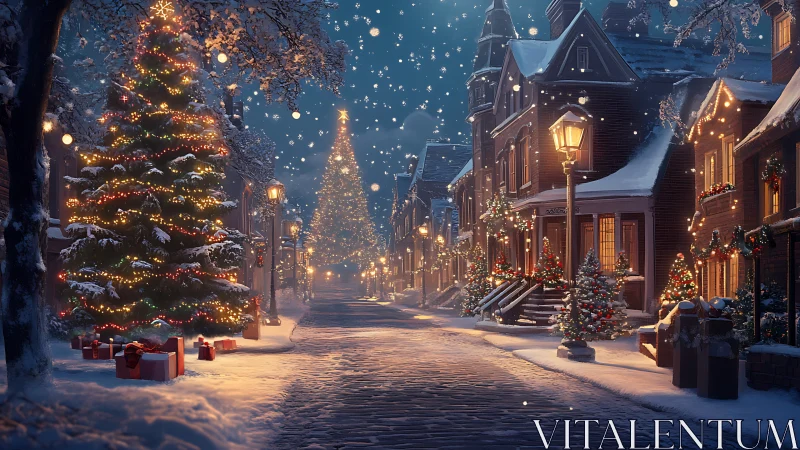 Photorealistic snowy street with illuminated Christmas decor.