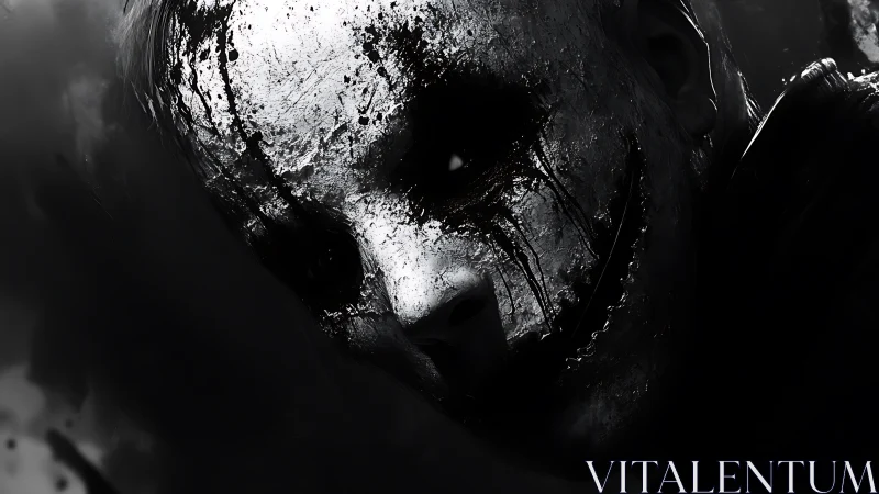 Shadowed smile: cracked monochrome face in the dark.