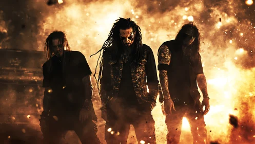 Industrial metal trio in backlit explosion cloud with ember field