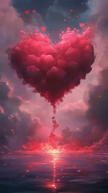 Large Red Heart Cloud Formation Above Water Landscape