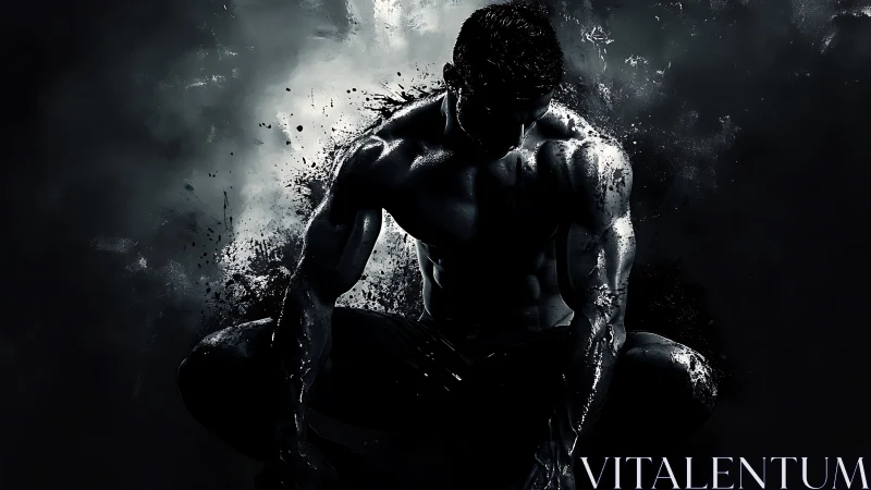 Shadow-drenched muscular figure in explosive monochrome burst.
