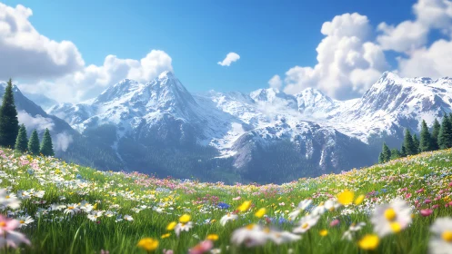 Sunlit wildflower meadow gently opens toward snowy peaks