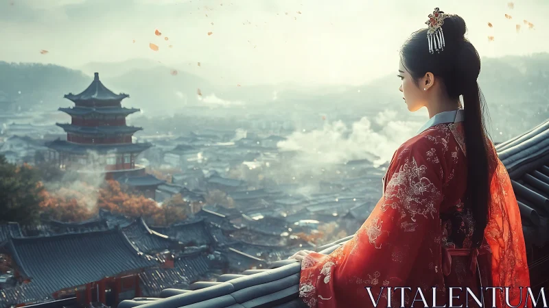 Digital painting of noblewoman over misty ancient skyline.