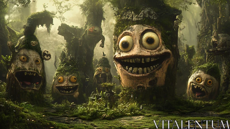 Creepy grinning tree faces in dense mossy forest scene.