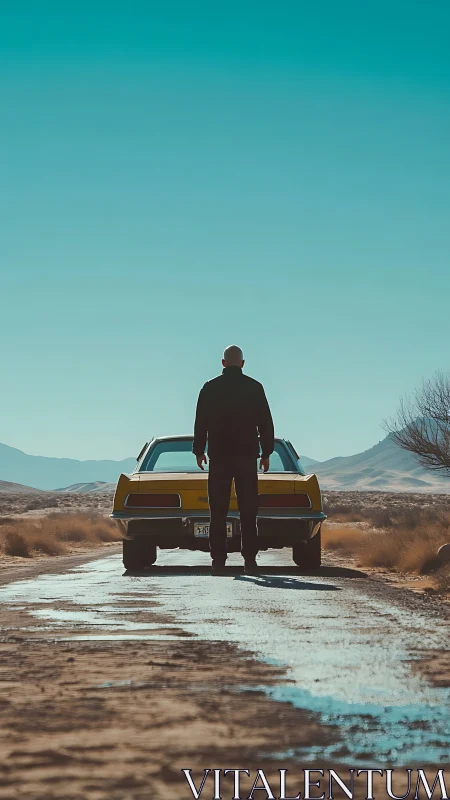 Lone traveler and yellow muscle car on a quiet desert road.