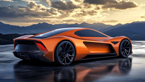 Orange electric hypercar cuts through reflective mountain dusk.