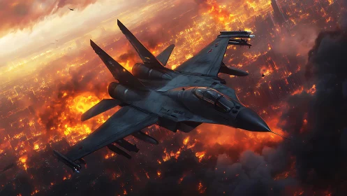 Military jet fighter flying through massive urban firestorm