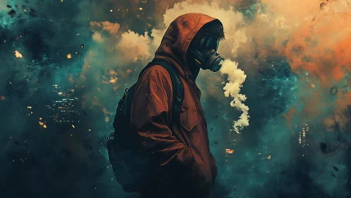Hooded urban wanderer in toxic neon fog with gas mask silhouette.