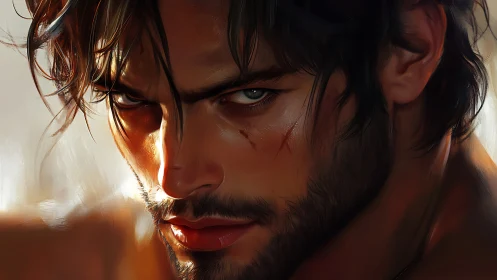 Intense close-up digital portrait of scarred bearded man.