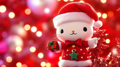 Cheerful Christmas kitty brings a tiny gift and cozy joy