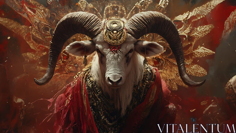 Horned goat in ornate ceremonial attire with gold elements.