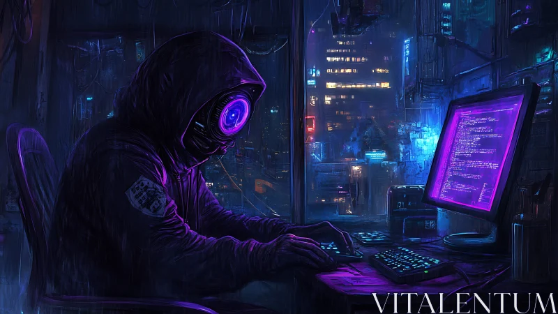 Neon cyclops coder bends violet code through rainy midnight