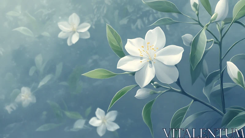 White flowers with green foliage against blue background.