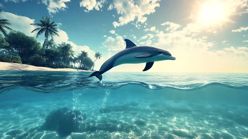 Sunlit dolphin arc over turquoise island shallows.