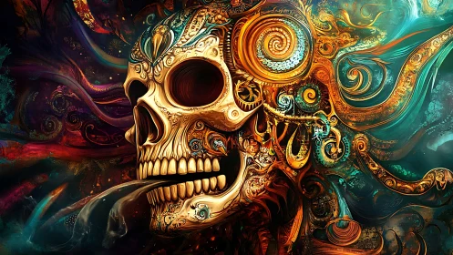 Baroque biomechanical skull with swirling fractal ornamentation
