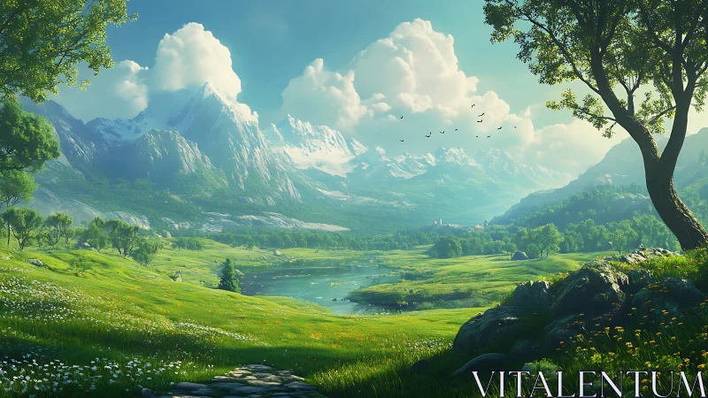 Sunlit alpine valley with serene river and distant peaks.