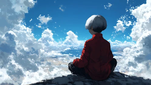 Solitary figure studies vast cloud ocean from high ledge.