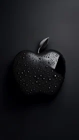 Glossy black apple with water droplets on dark background.