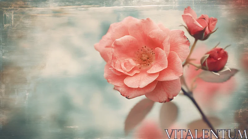Soft pink rose blooms against textured pastel bokeh background