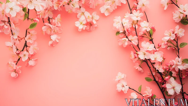 Cherry blossom branches are arranged on a coral background