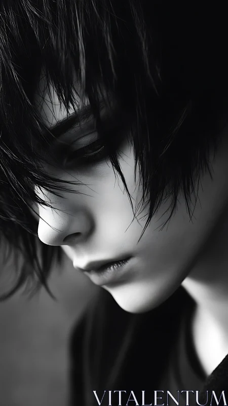 Melancholic closeup profile of youth in monochrome portrait.